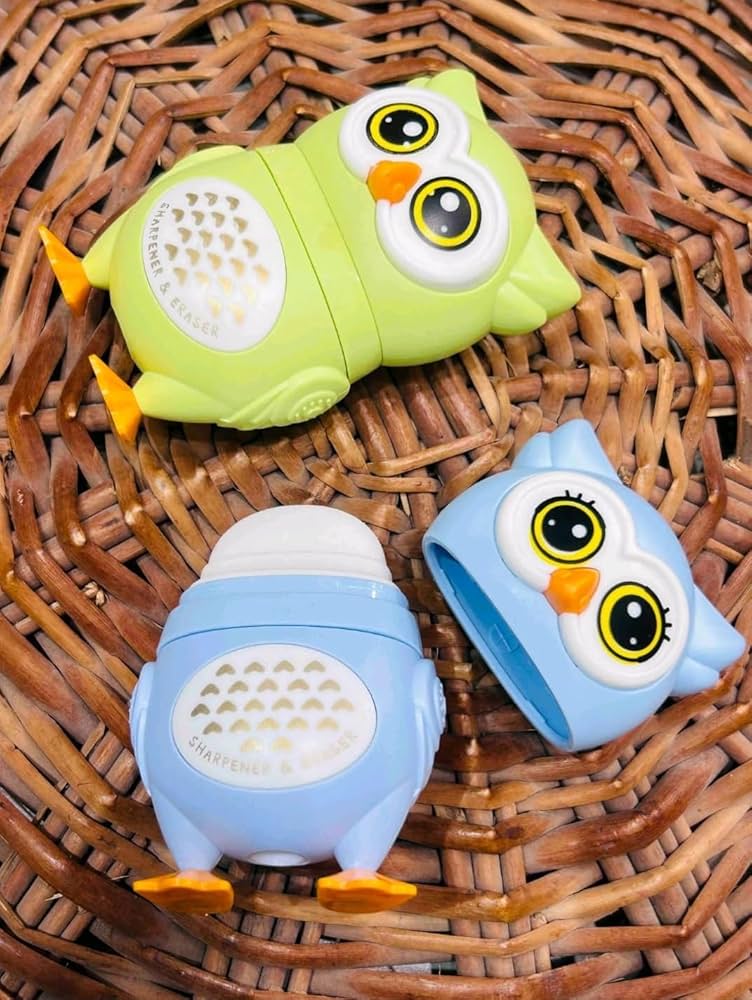 Sharpener with Erase Owl Shaped Cute & Colorful Combo for Kids